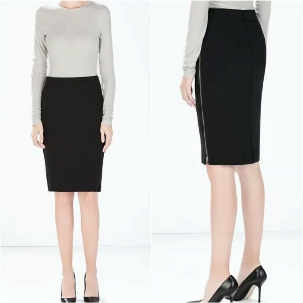 Zara Black Side Zip Leather Trim Pencil Skirt - Picture 2 of 10